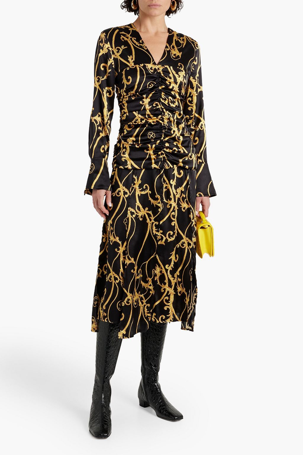 GANNI Ruched printed silk-blend satin midi dress
