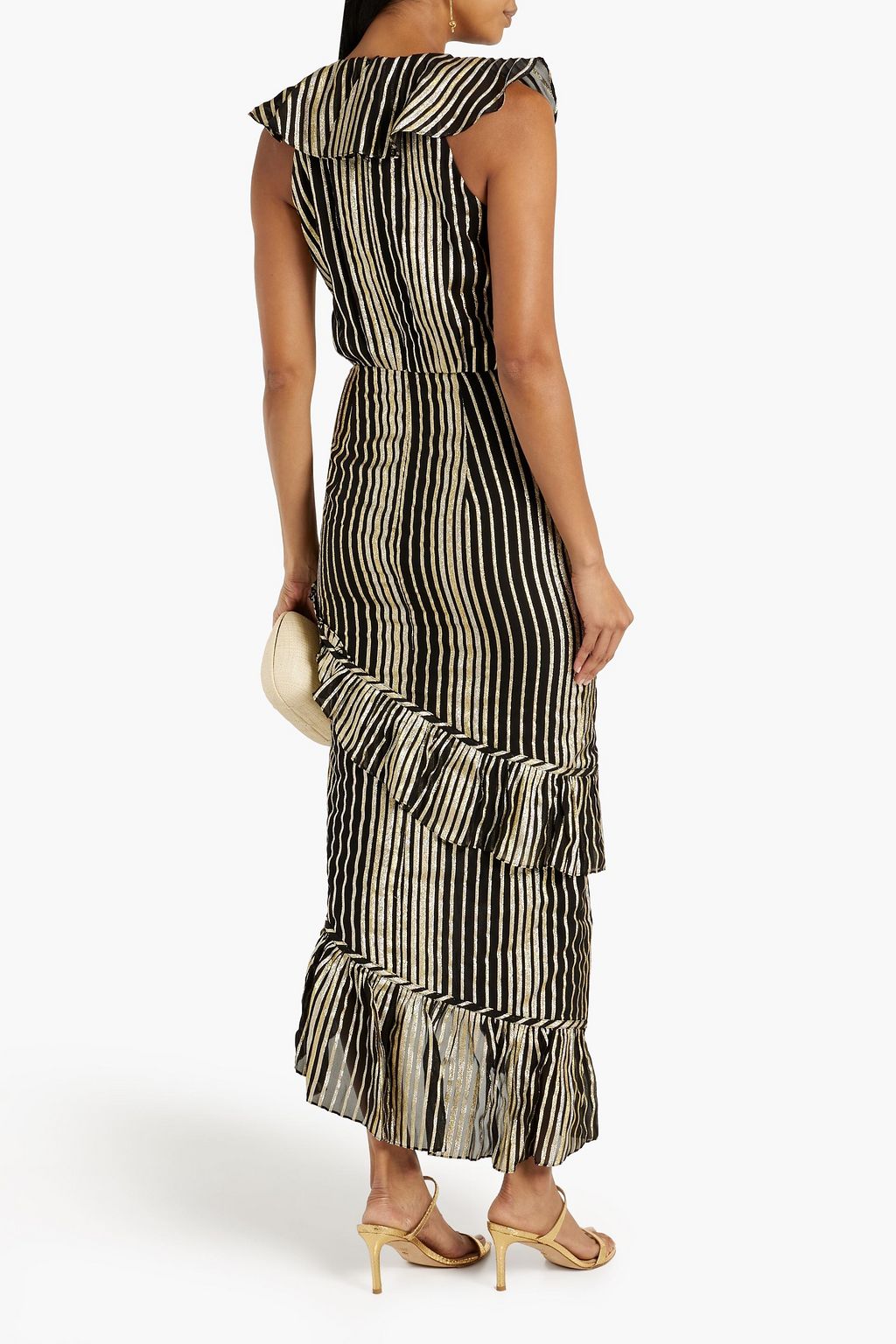 SALONI Anita ruffled metallic jacquard midi dress