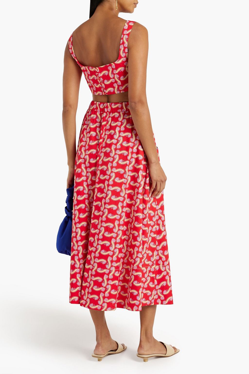 SALONI Della button-embellished printed cotton-poplin midi skirt