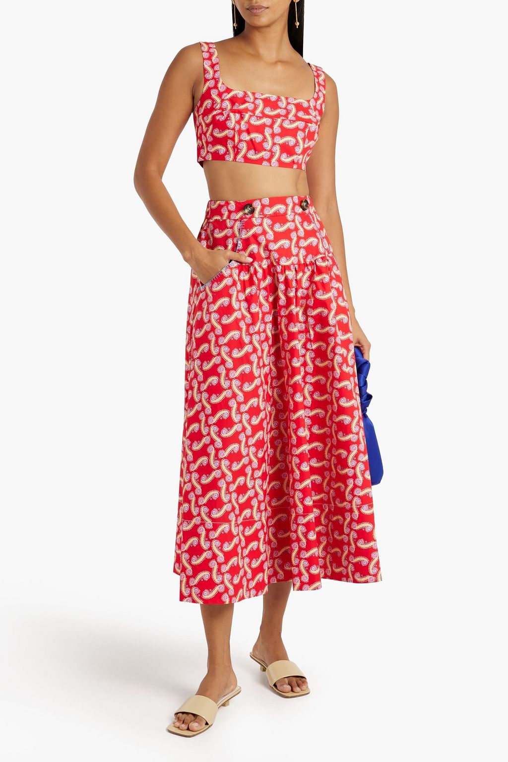 SALONI Della button-embellished printed cotton-poplin midi skirt
