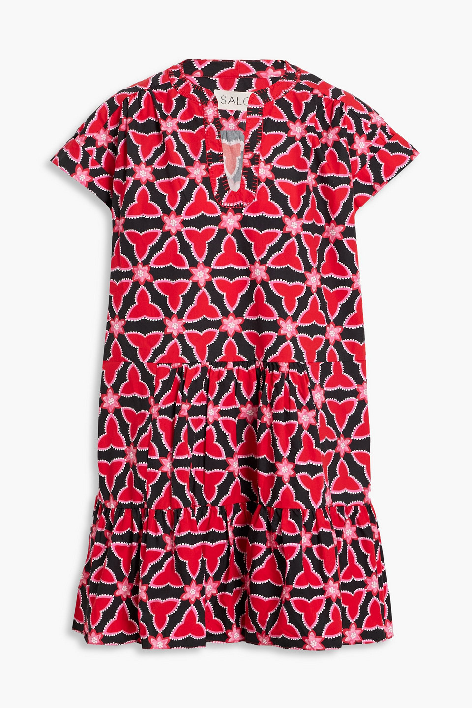 Shop Saloni Ashley Gathered Printed Cotton-poplin Mini Dress In Red