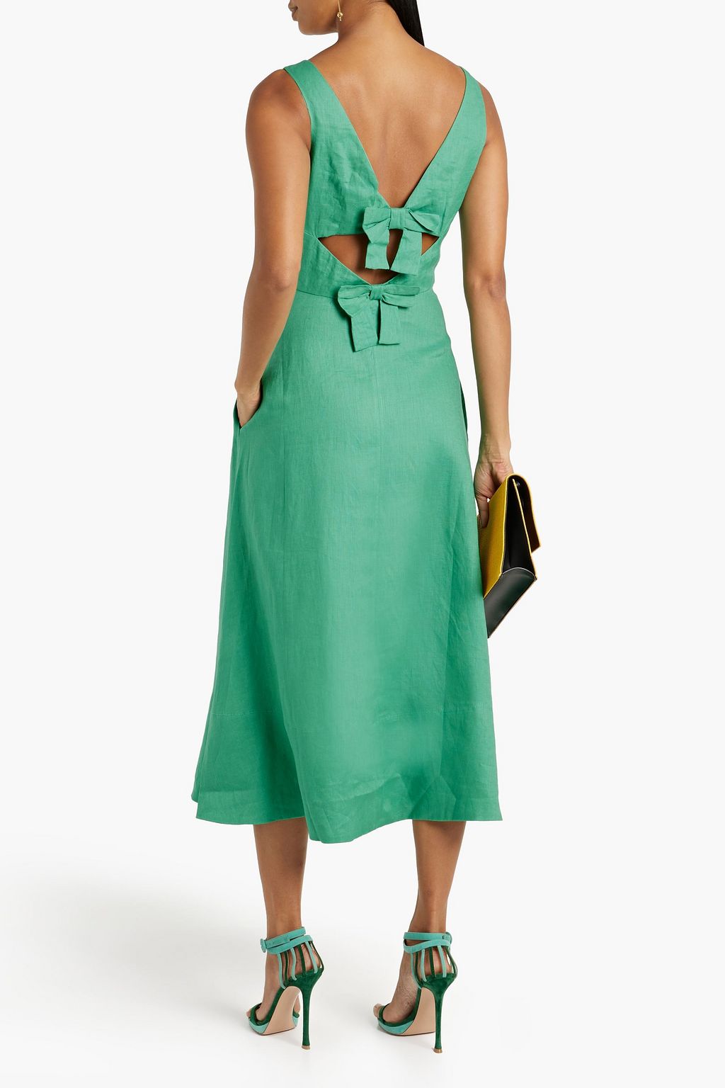 SALONI Rachel bow-embellished linen midi dress | THE OUTNET