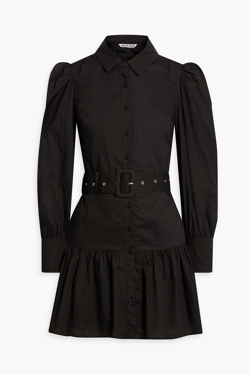 Walter Baker Tara Belted Gathered Cotton-poplin Mini Shirt Dress In Black