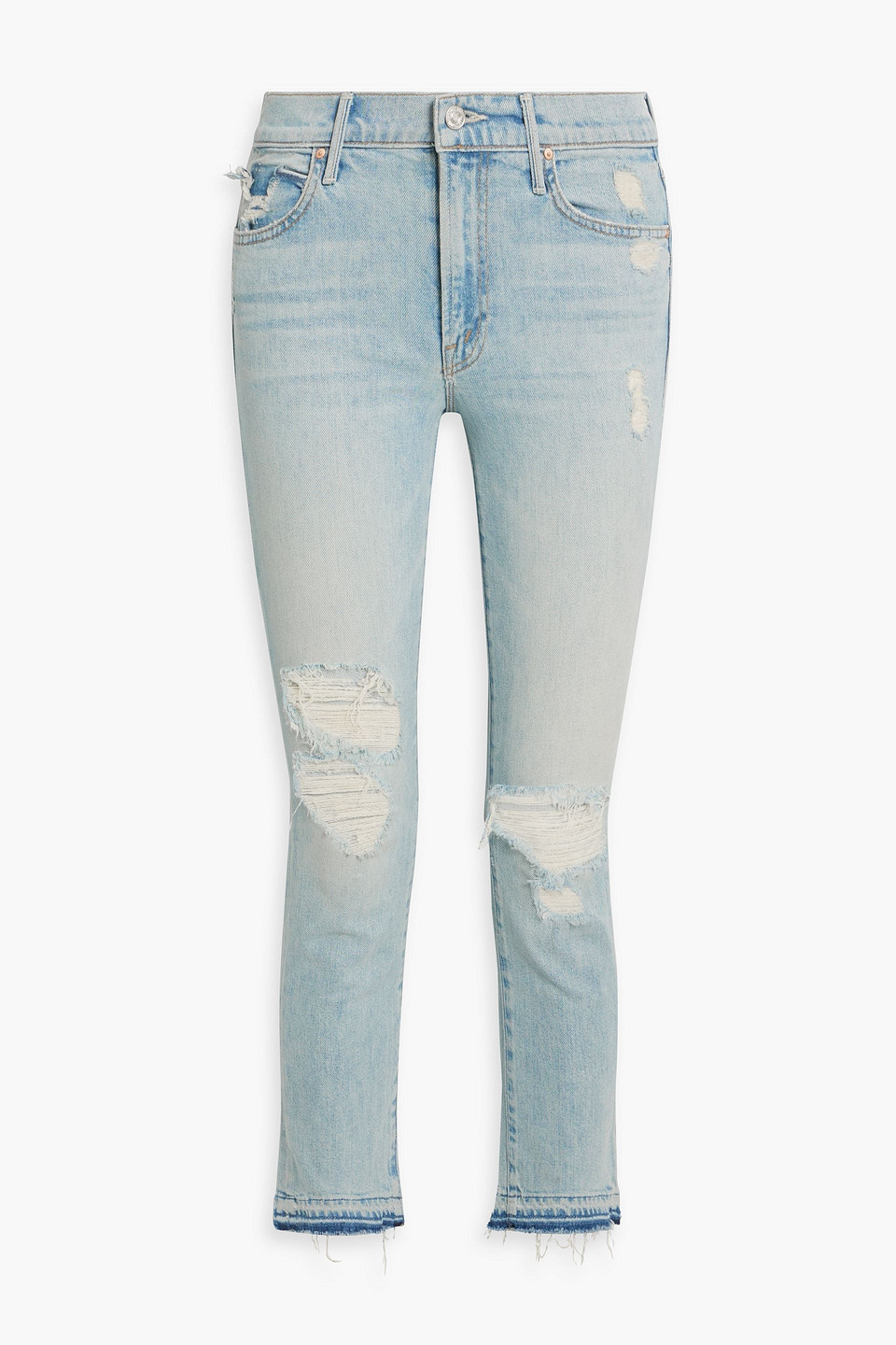 Shop Mother The Rascal Ankle Undone Distressed Mid-rise Slim-leg Jeans In Light Denim