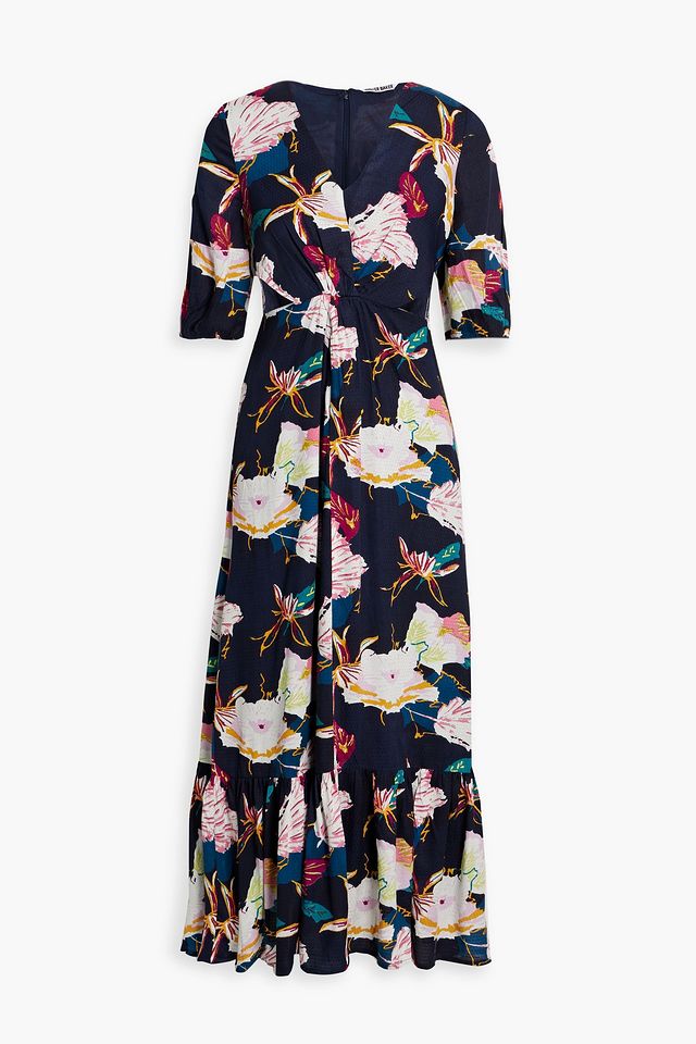 Wynona gathered cutout floral-print jacquard midi dress