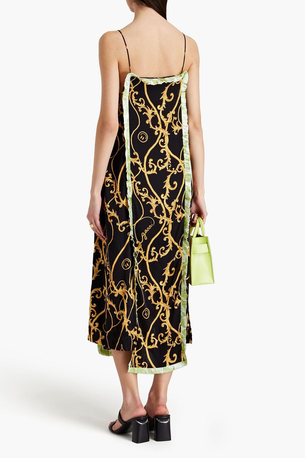 GANNI Ruffle-trimmed printed silk-satin midi dress