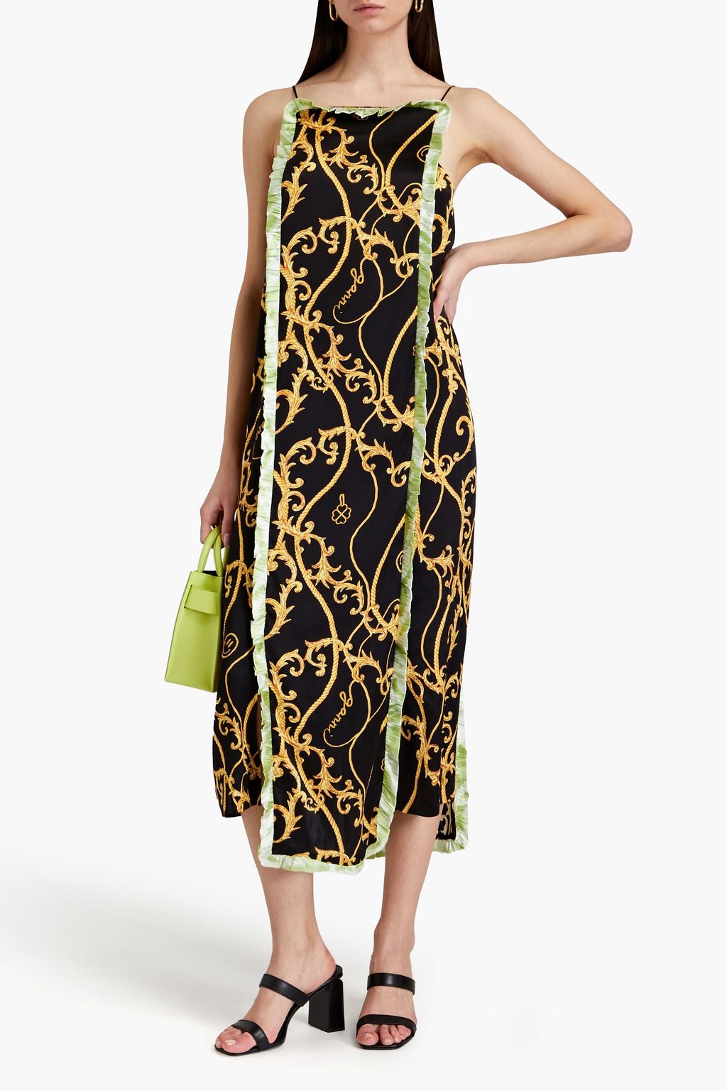 GANNI Ruffle-trimmed printed silk-satin midi dress