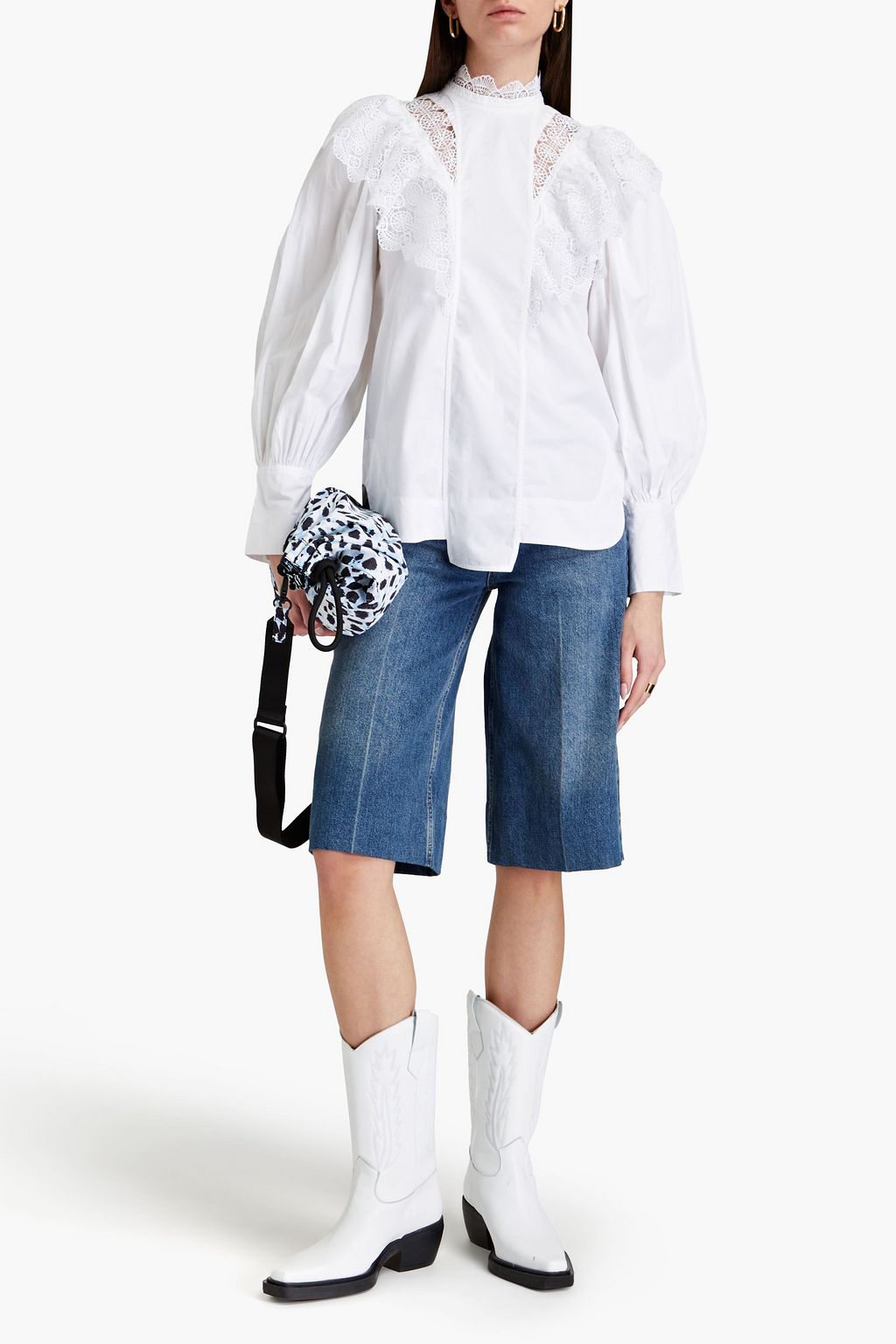 GANNI Macramé-trimmed cotton-poplin blouse