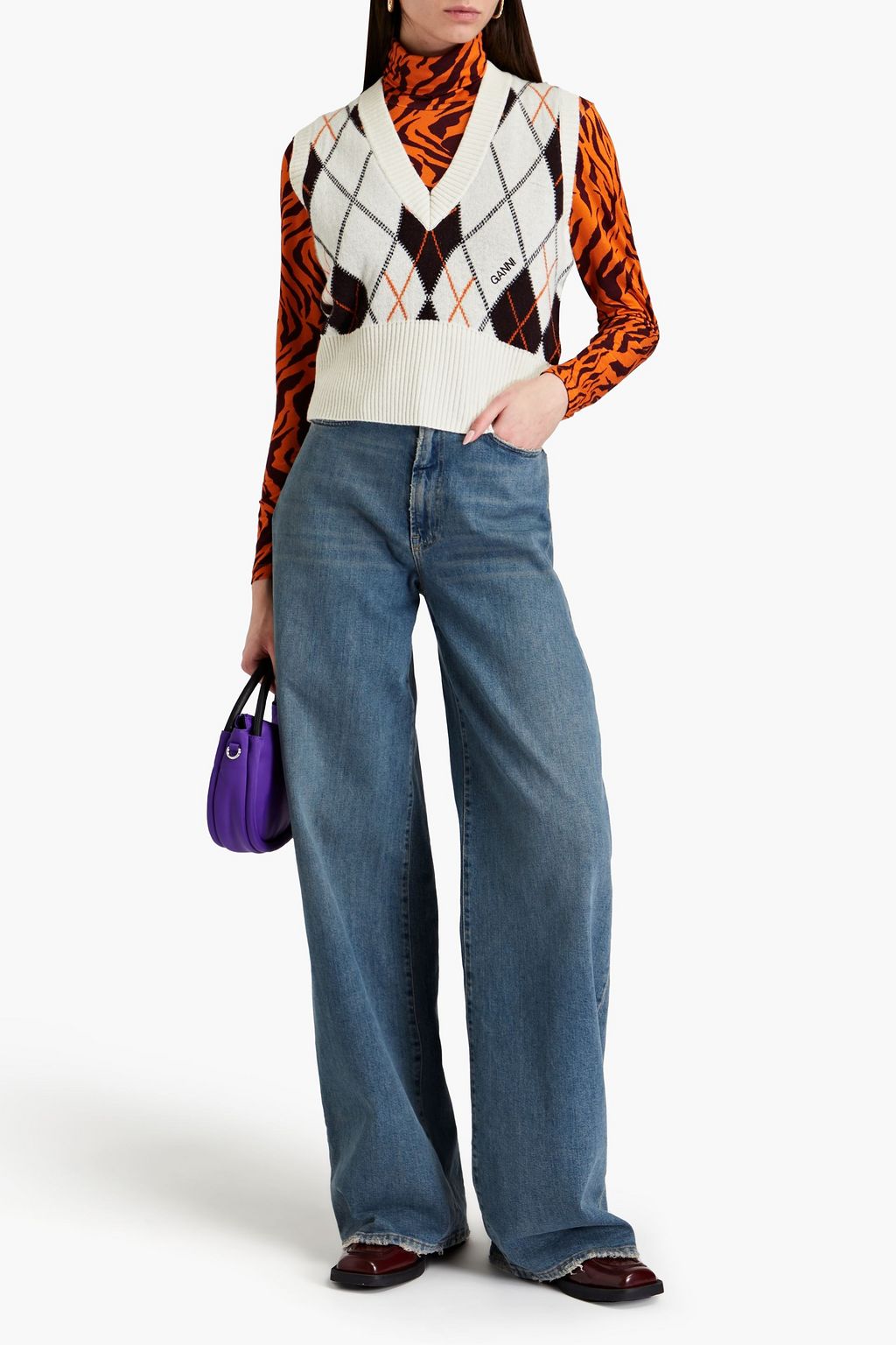 GANNI Harlequin argyle jacquard-knit wool-blend vest