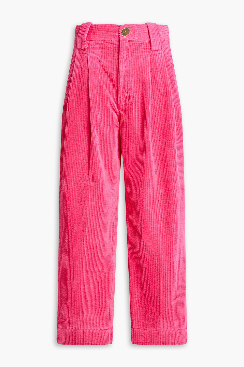 Ganni Pleated Organic Cotton-blend Corduroy Straight-leg Trousers In Pink