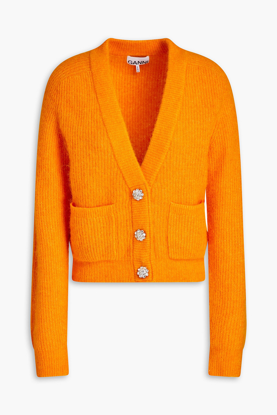 Ganni Crystal-embellished Wool-blend Cardigan In Bright Orange