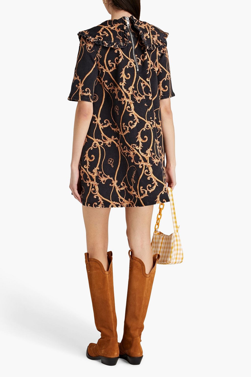 GANNI Ruffled printed denim mini dress