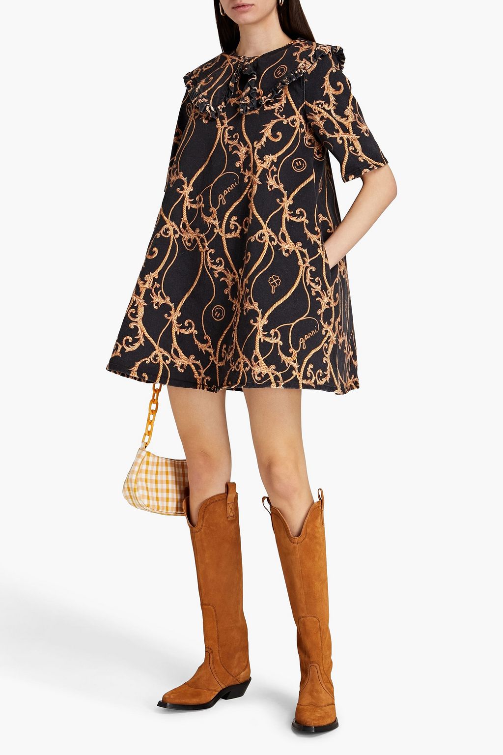 GANNI Ruffled printed denim mini dress