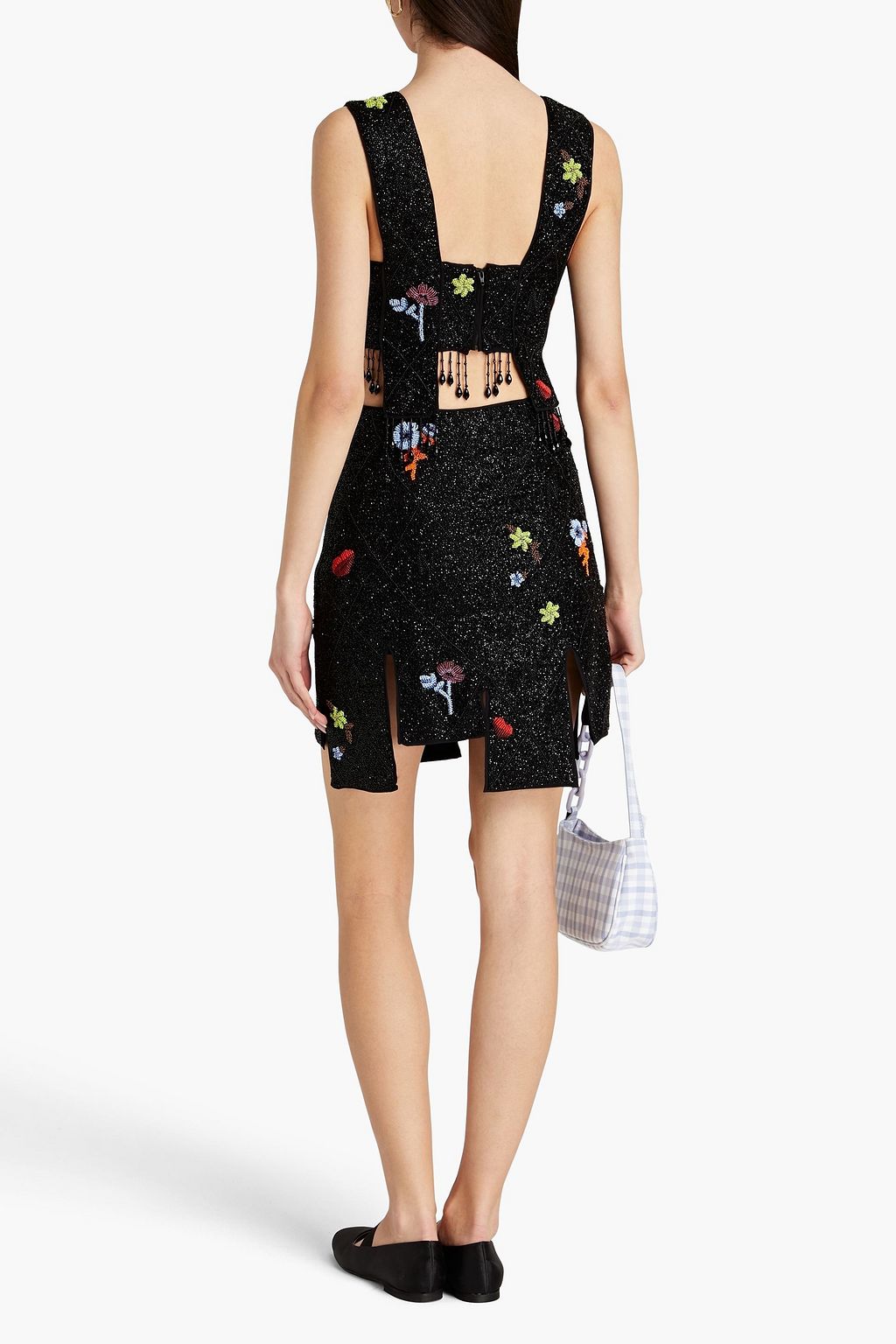 GANNI Cropped fringed bead-embellished crepe bustier top