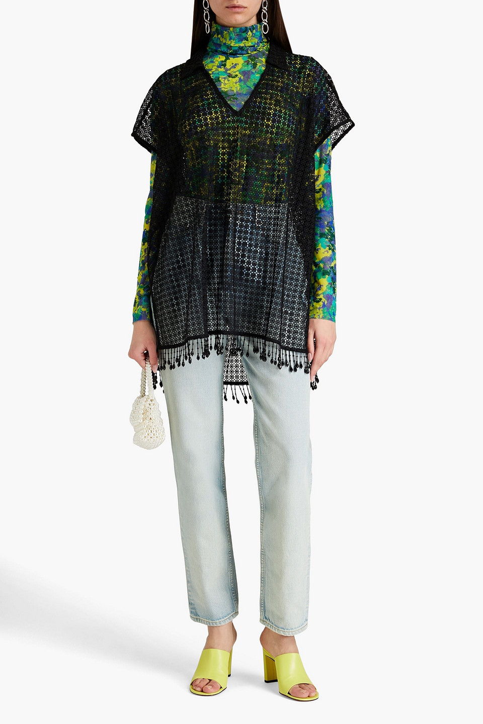  Ganni - Kimono Aus Guipure-spitze Mit Fransen - Schwarz - Xxs 
