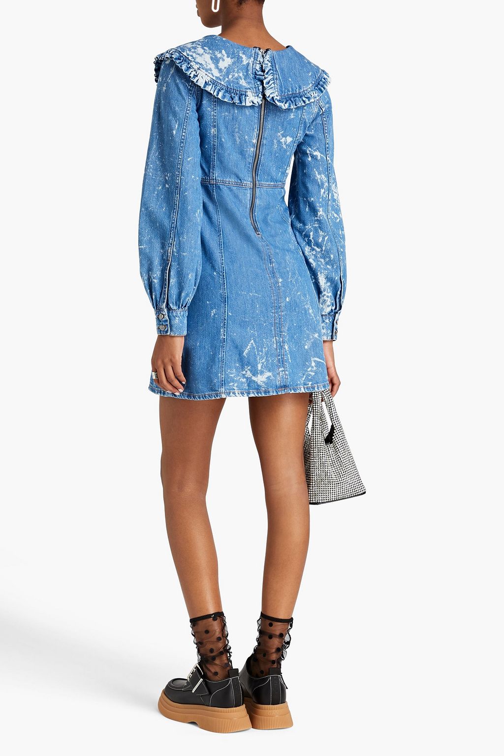 GANNI Ruffled bleached denim mini dress