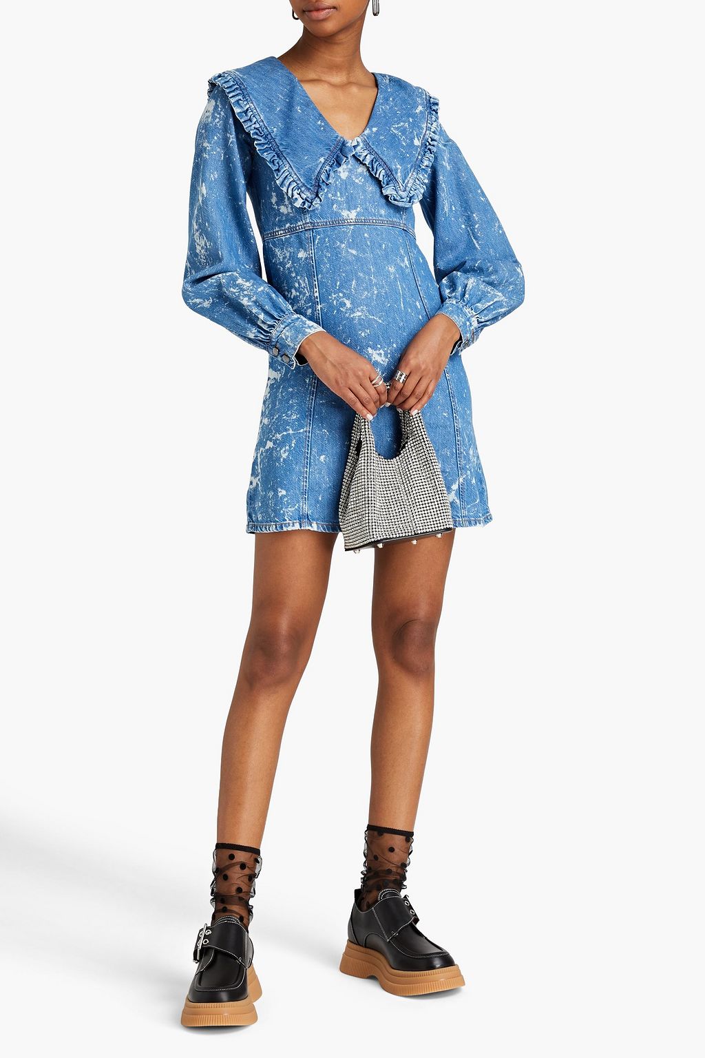 GANNI Ruffled bleached denim mini dress