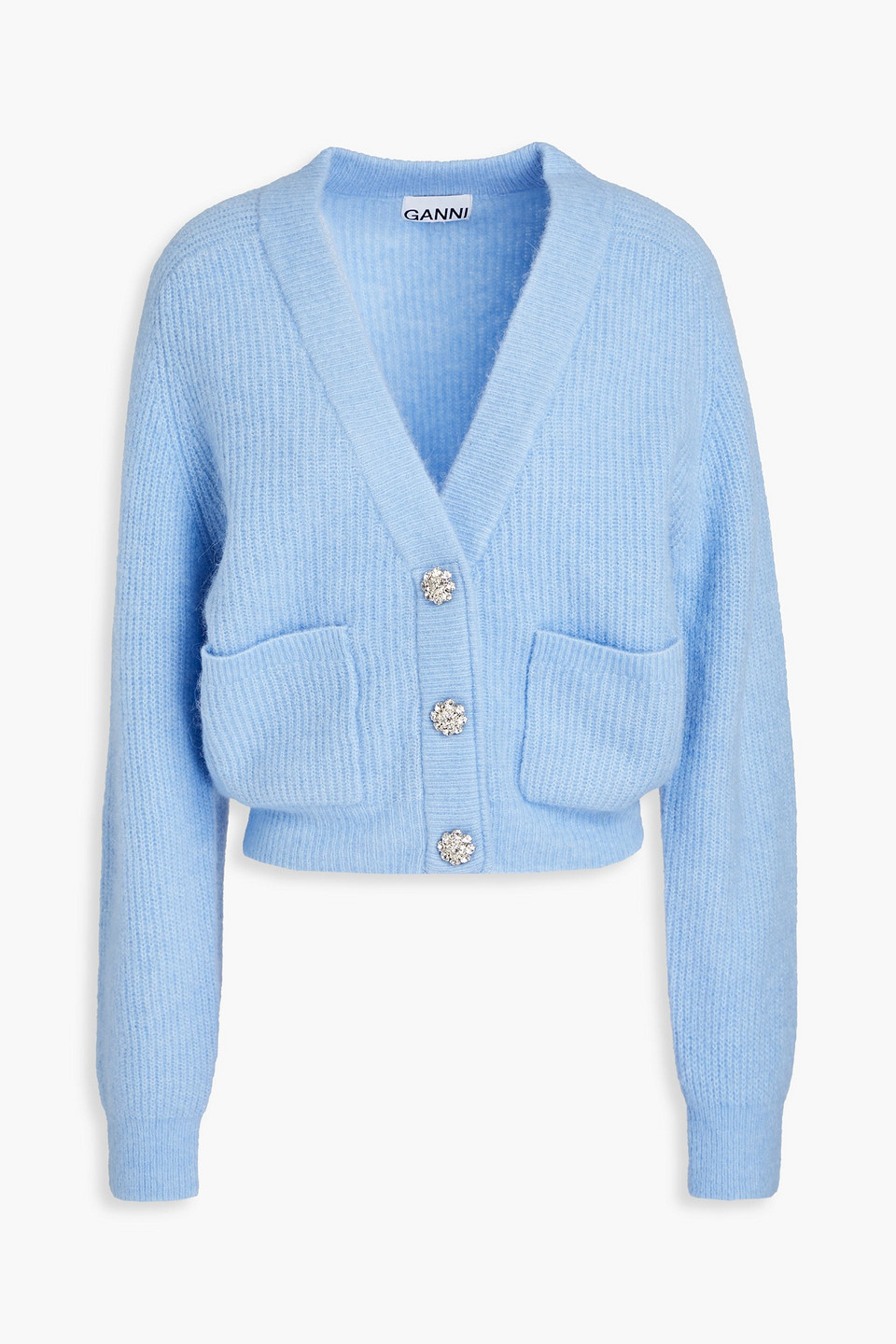 GANNI CRYSTAL-EMBELLISHED RIBBED-KNIT CARDIGAN,3074457345635518667
