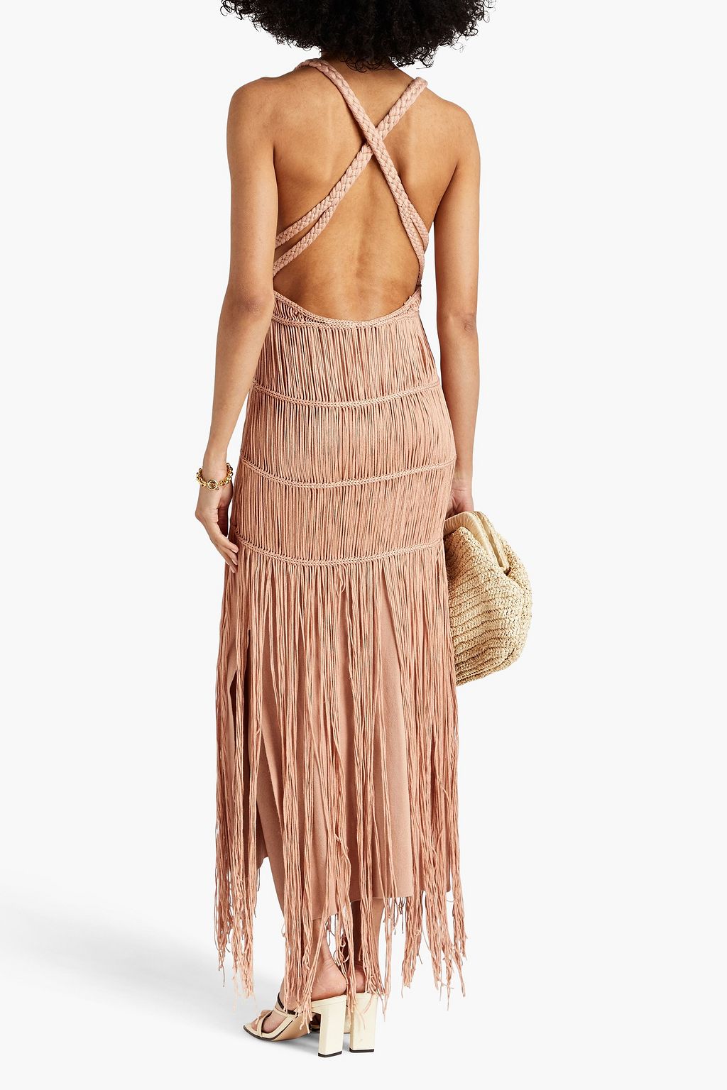 SIMKHAI Christabel fringed cotton-blend macramé maxi dress