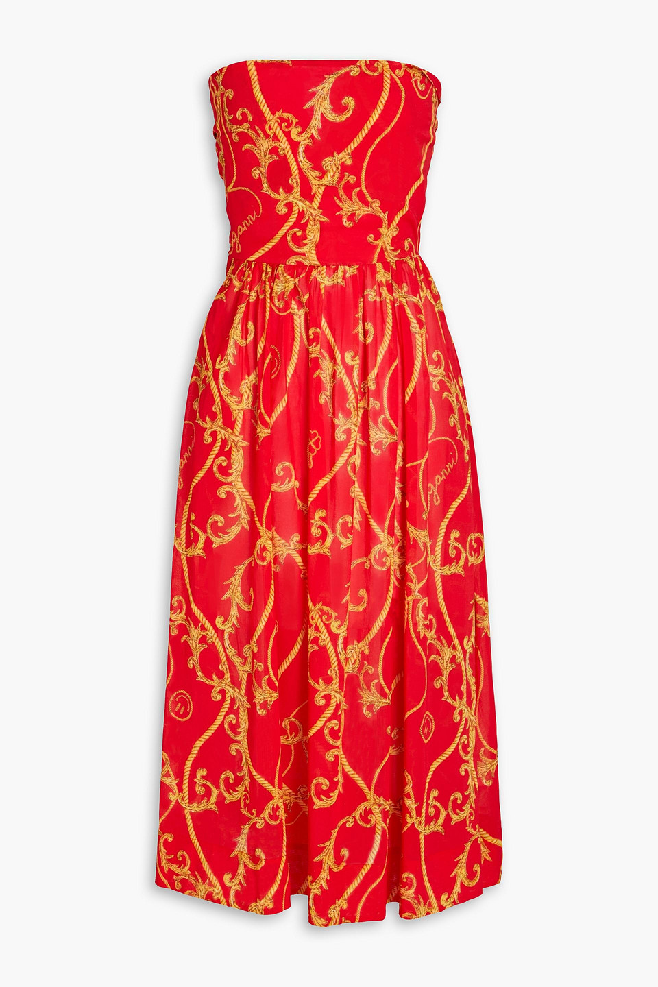 Ganni Strapless Printed Cotton-voile Midi Dress In Red