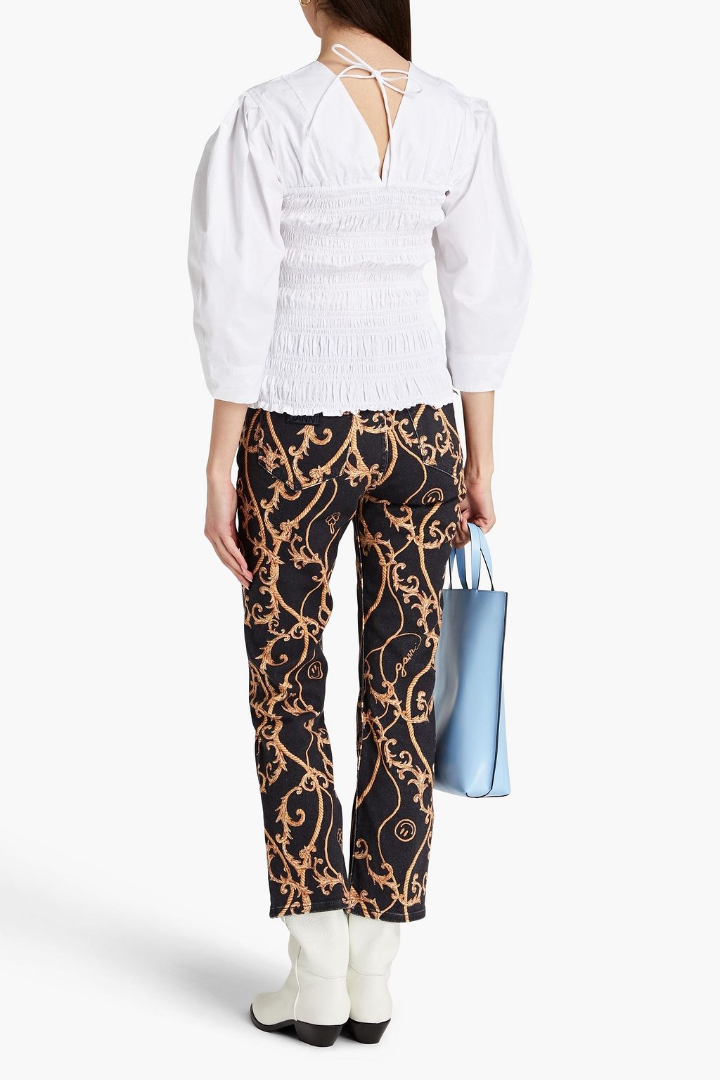 GANNI Betzy cropped printed high-rise bootcut jeans