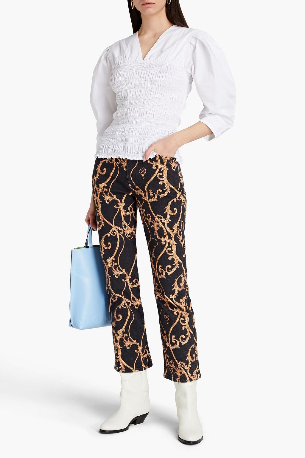 GANNI Betzy cropped printed high-rise bootcut jeans