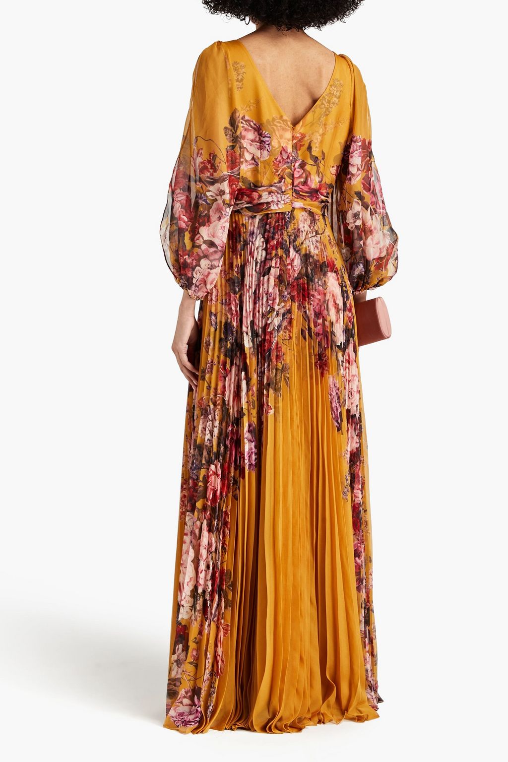 MARCHESA NOTTE 플로럴 프린트 플리세 새틴 가운