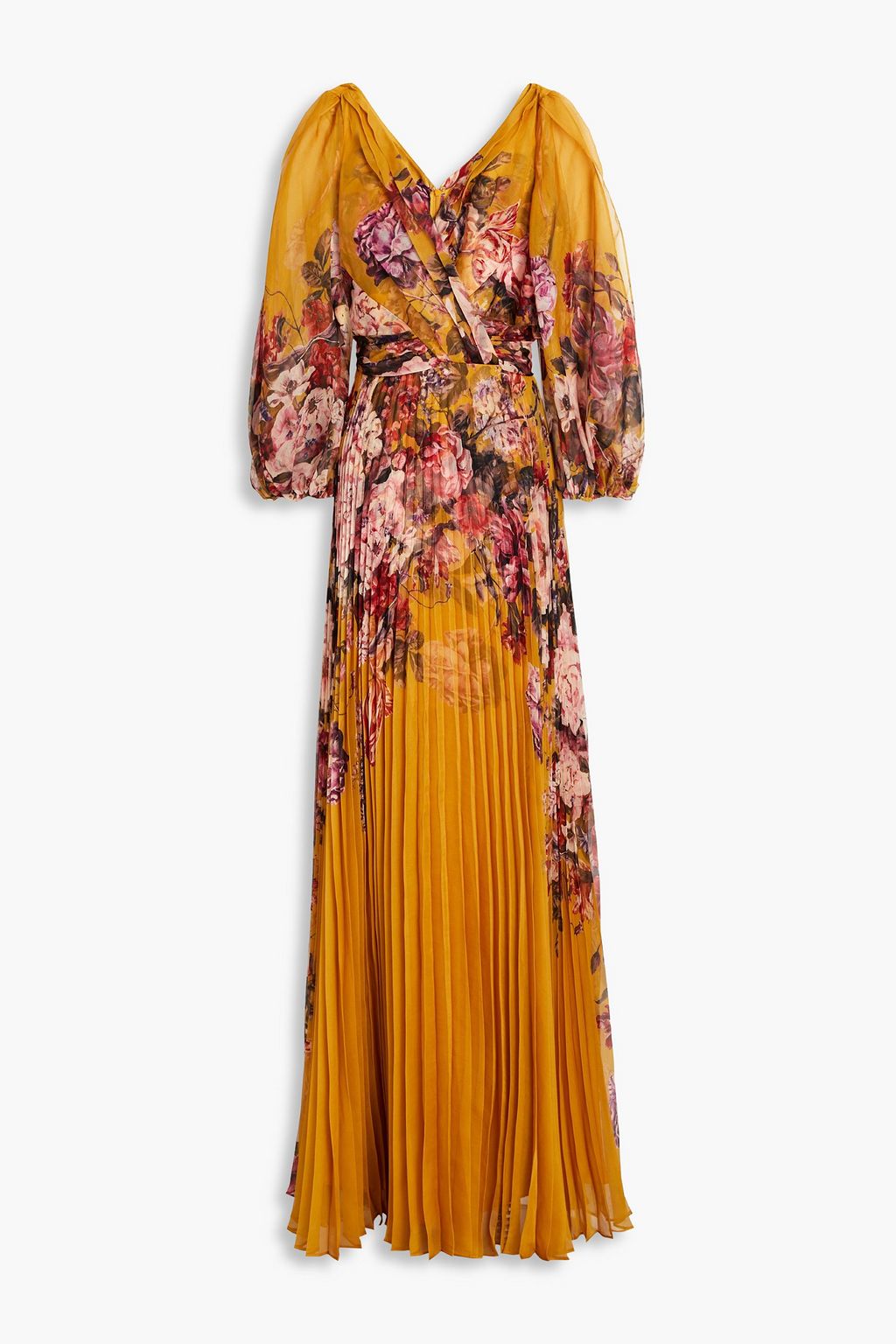 MARCHESA NOTTE Floral-print plissé-satin gown | THE OUTNET