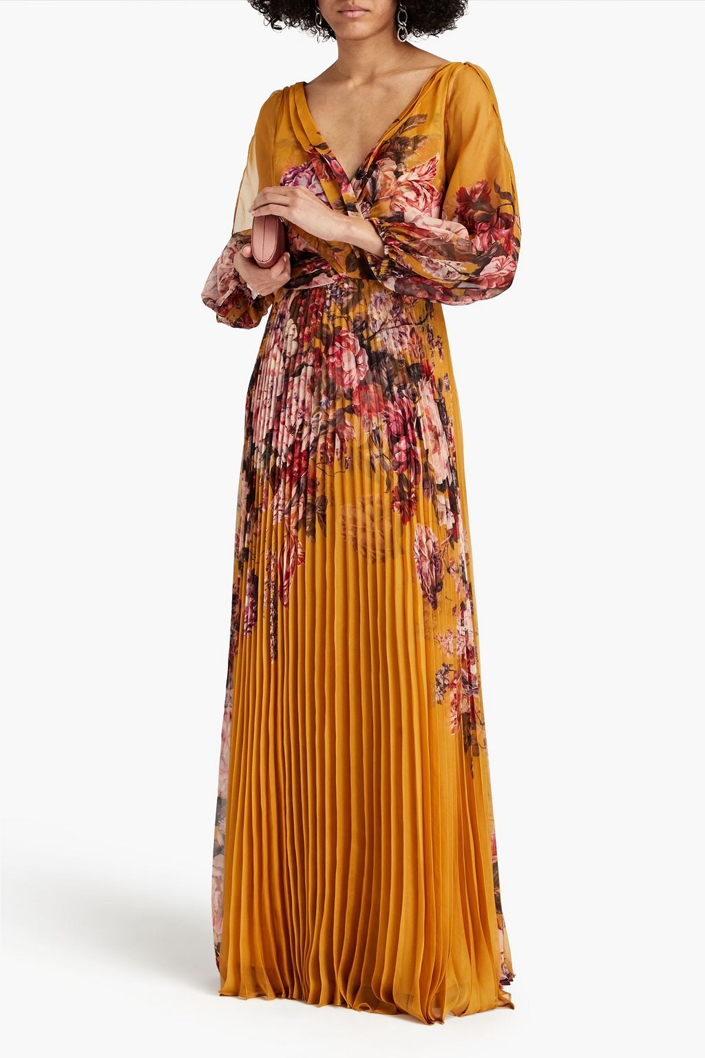 MARCHESA NOTTE 플로럴 프린트 플리세 새틴 가운