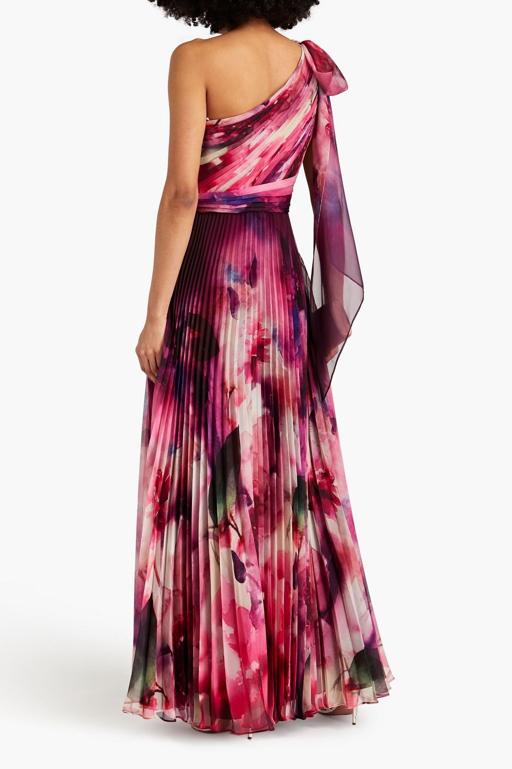 MARCHESA NOTTE One-shoulder bow-embellished pleated floral-print chiffon gown