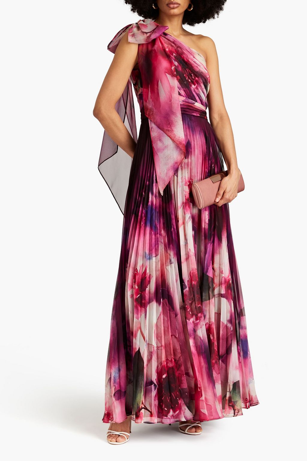 MARCHESA NOTTE One-shoulder bow-embellished pleated floral-print chiffon gown