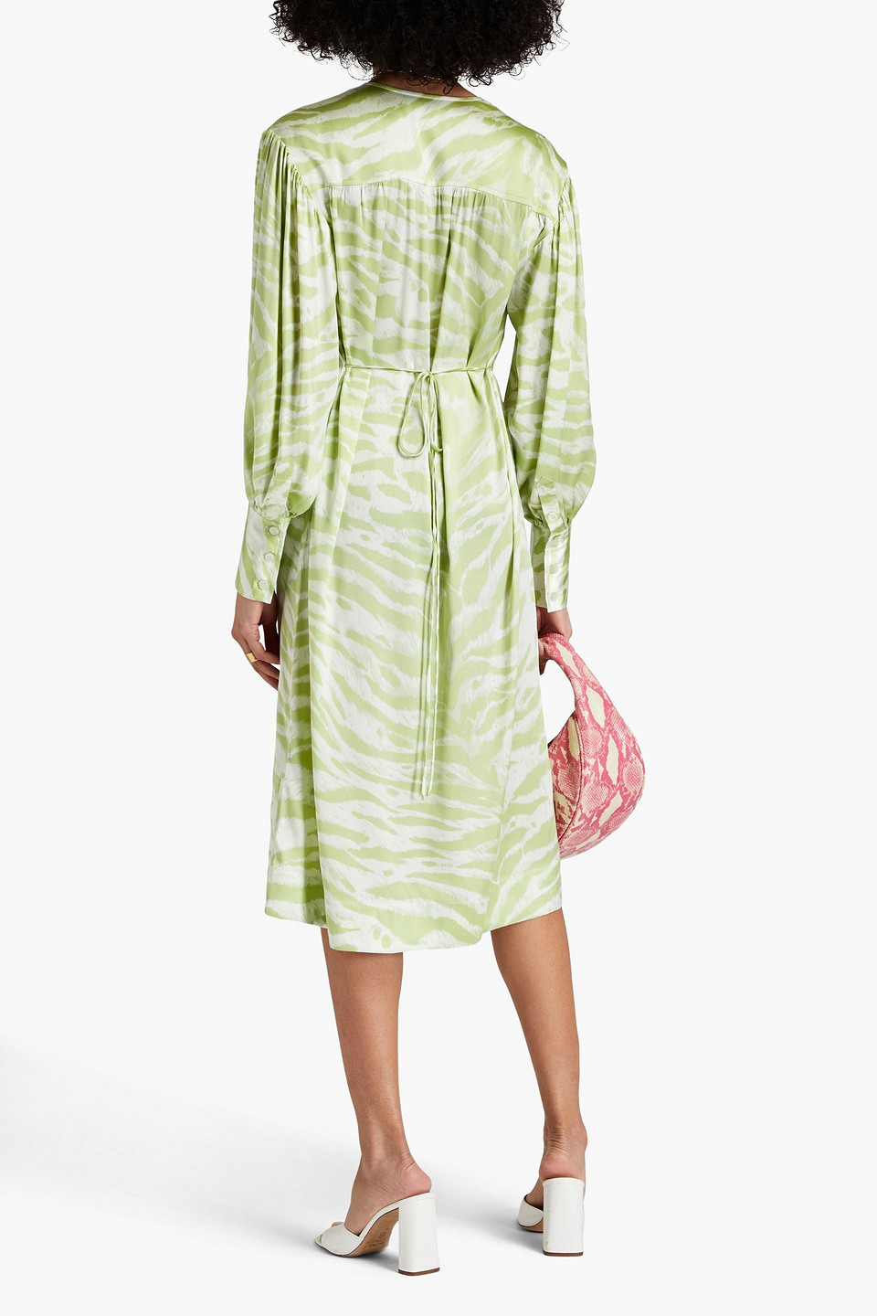 Ganni Printed Silk-blend Satin Midi Dress In Light Green