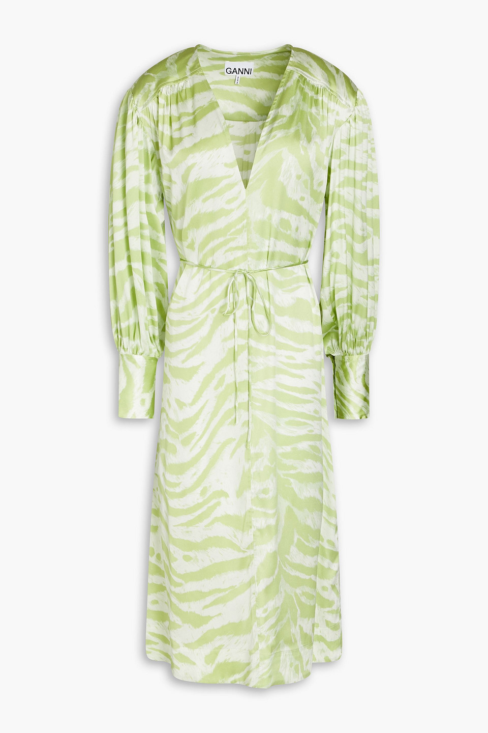 Ganni Printed Silk-blend Satin Midi Dress In Light Green