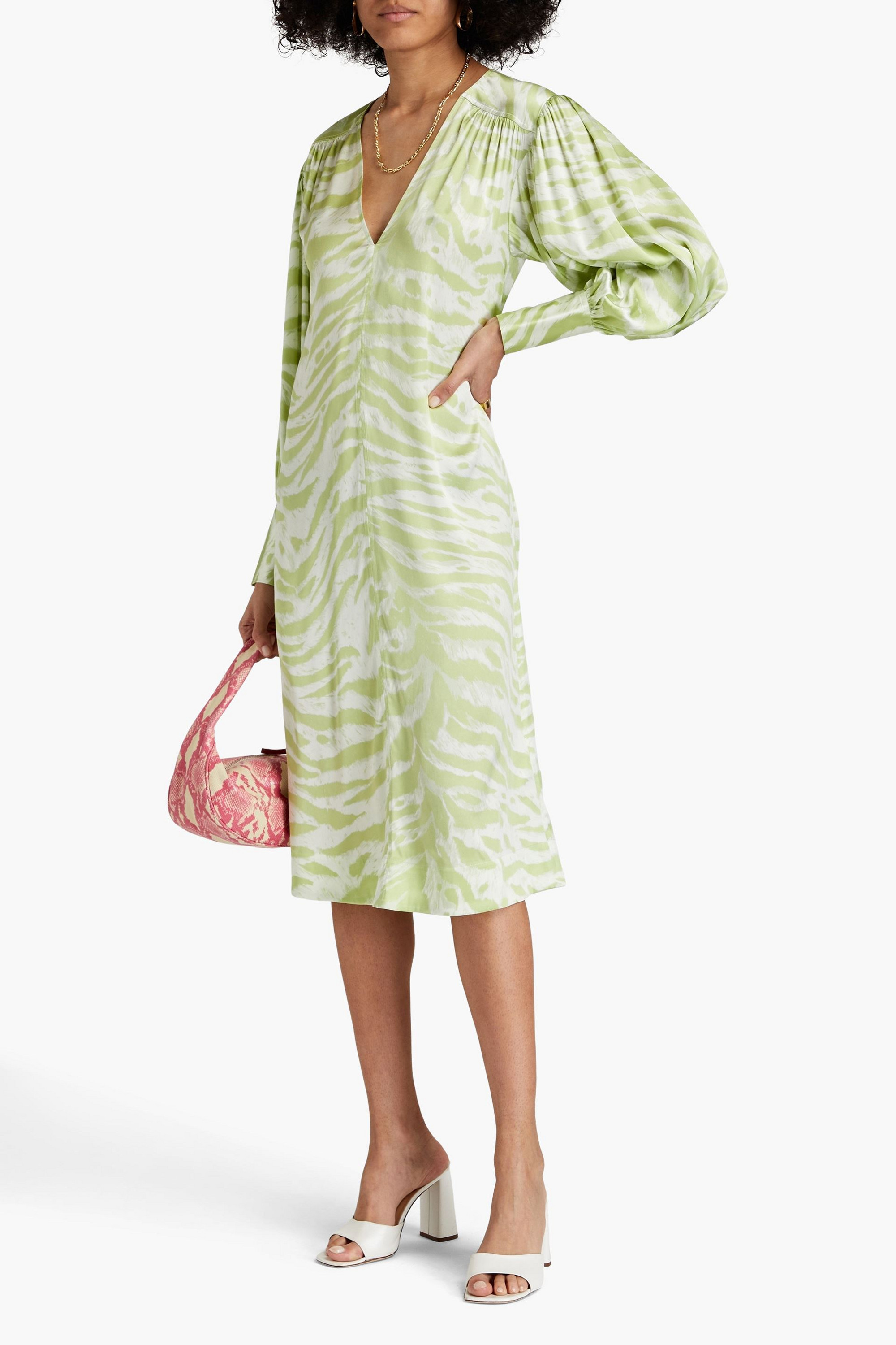 GANNI Tiger-print silk-blend satin midi dress
