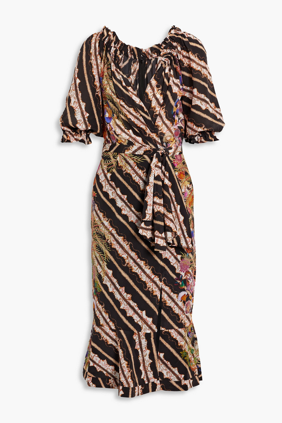 Shop Saloni Olivia Wrap-effect Printed Silk Crepe De Chine Midi Dress In Black