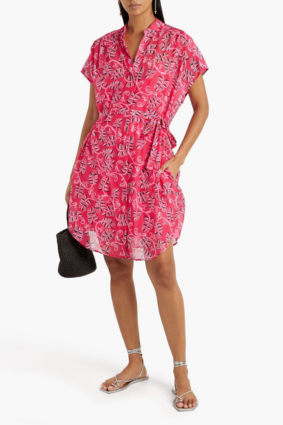 Shop Saloni Tilda Belted Printed Cotton And Silk-blend Voile Mini Dress In Fuchsia