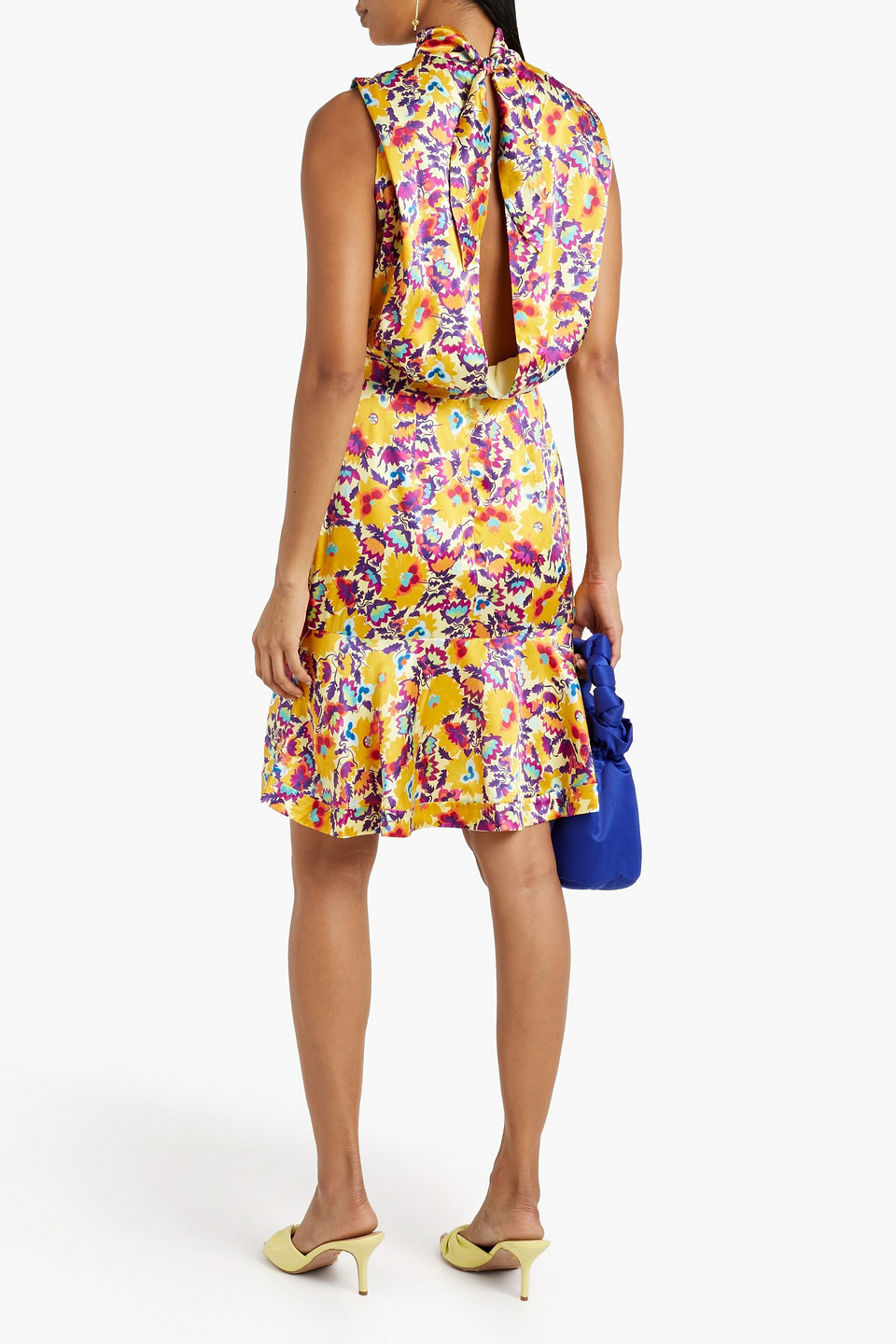 Shop Saloni Fleur Gathered Floral-print Silk-satin Mini Dress In Saffron