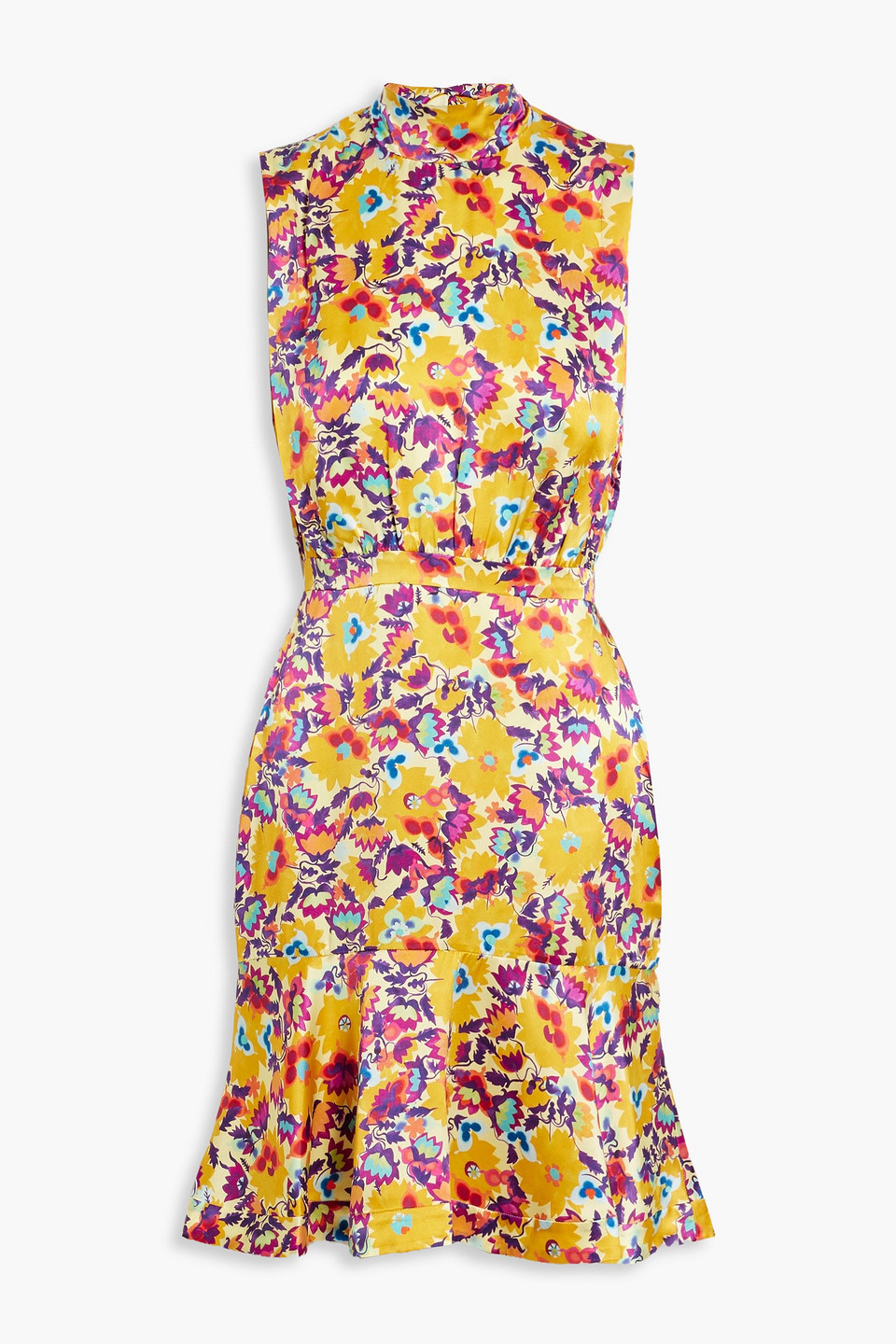 Saloni Fleur Gathered Floral-print Silk-satin Mini Dress In Saffron