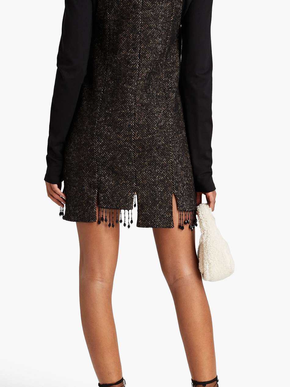 fringed bead-embellished herringbone tweed mini dress