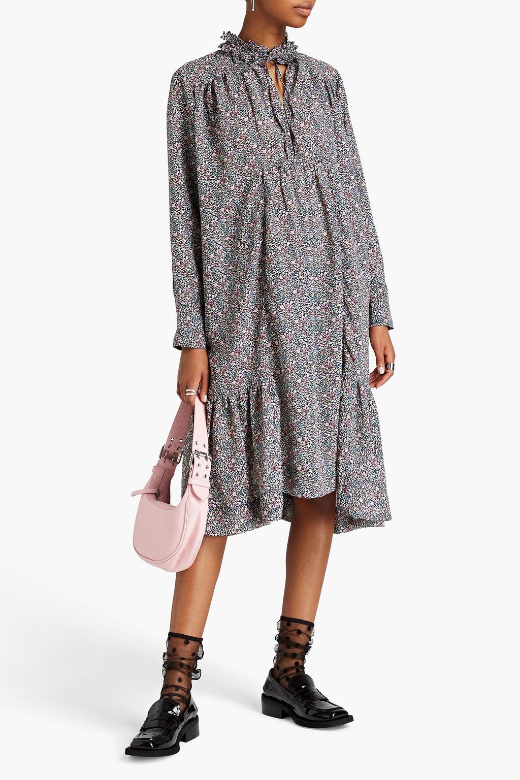 GANNI Gathered floral-print crepe midi dress | THE OUTNET