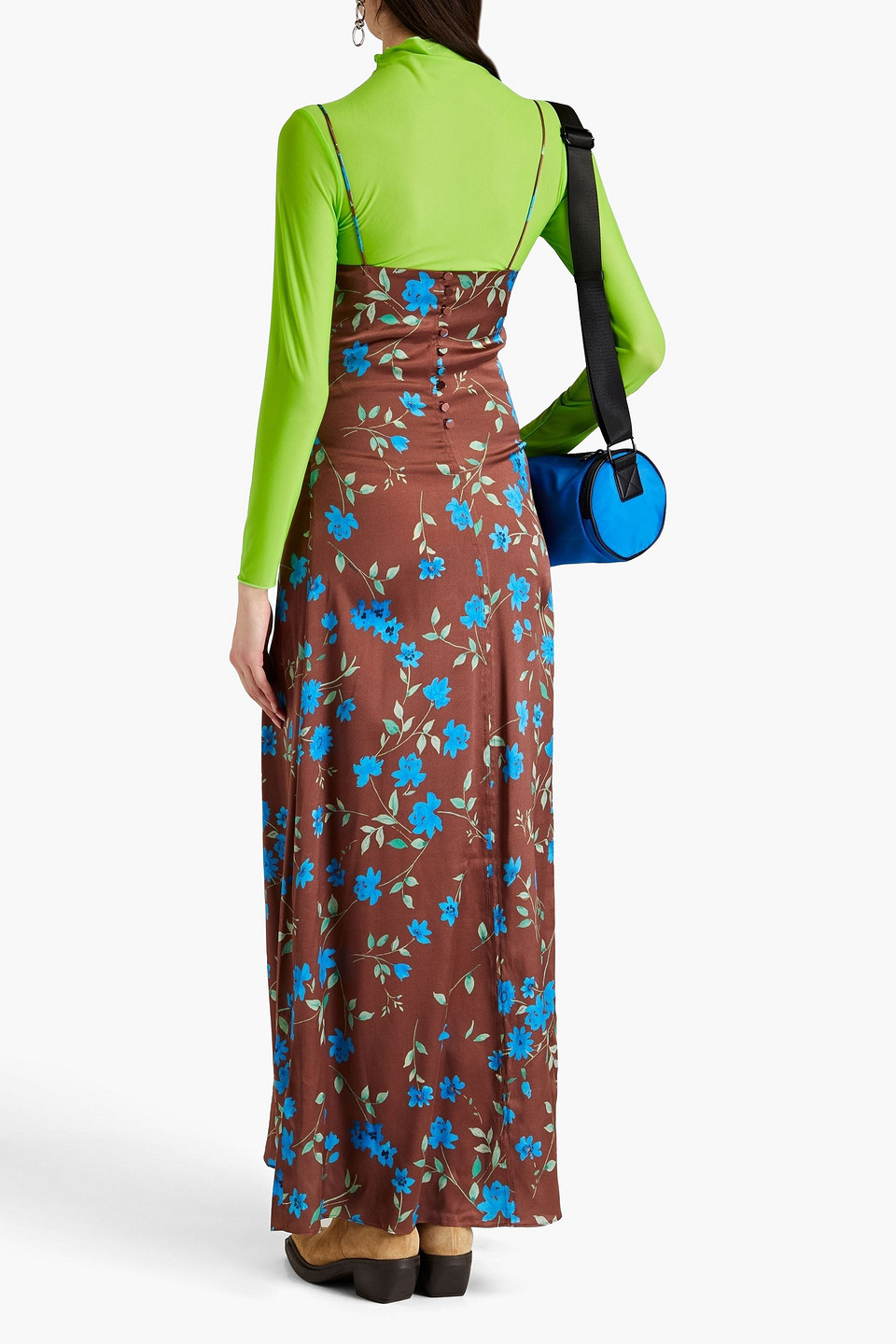 Ganni Floral-print Stretch-silk Satin Maxi Slip Dress In Brown