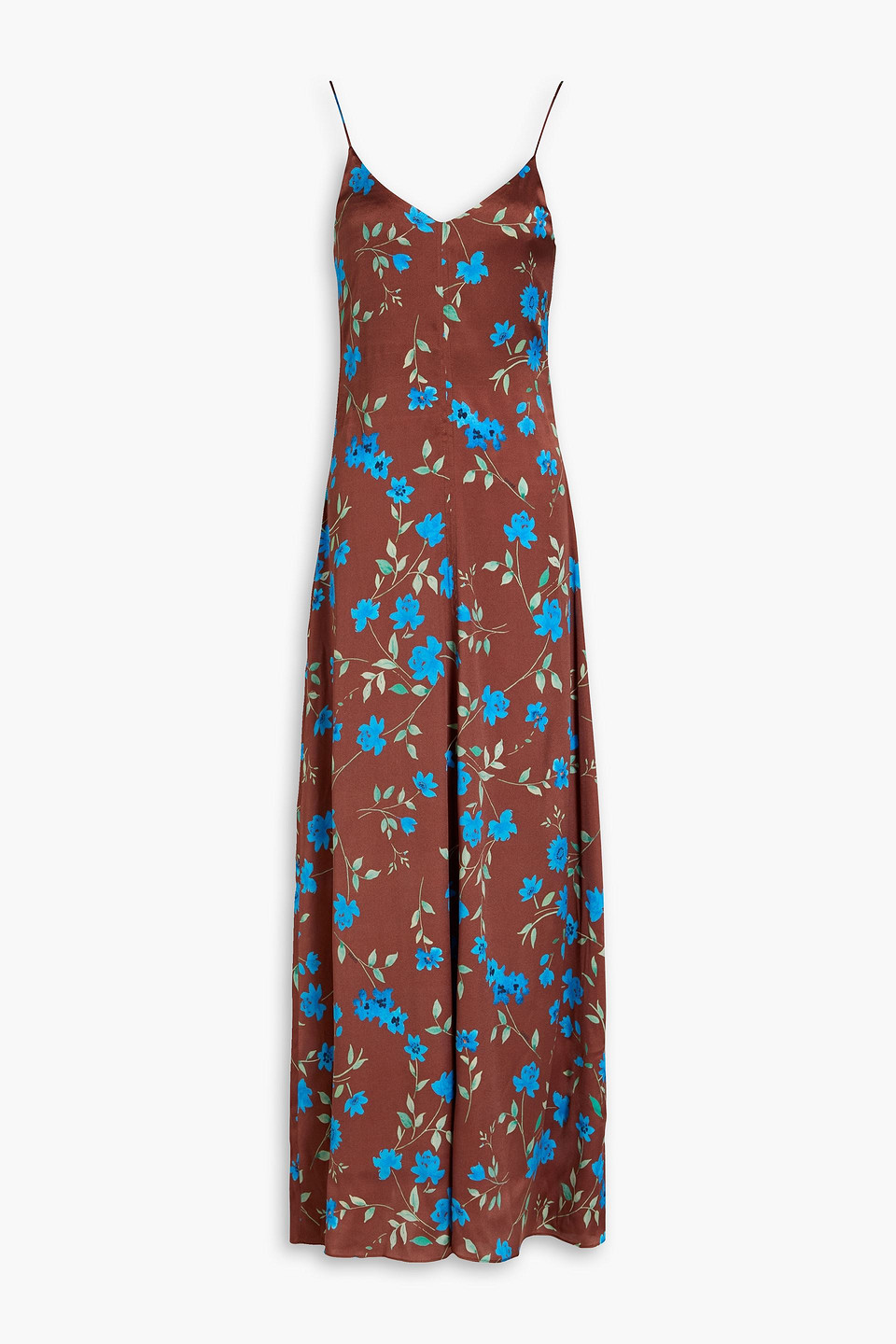 Ganni Floral-print Stretch-silk Satin Maxi Slip Dress In Brown