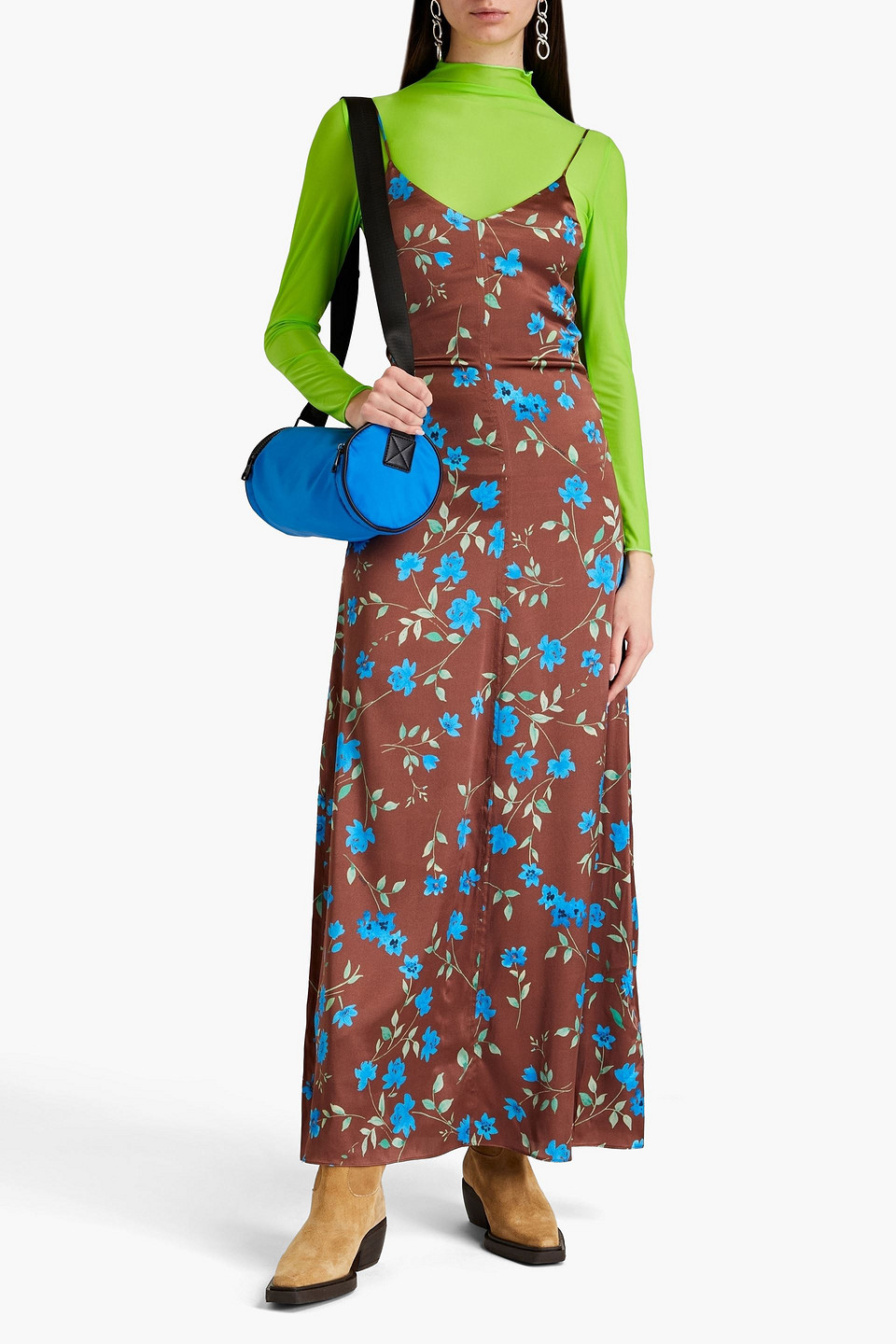 Ganni Floral-print Stretch-silk Satin Maxi Slip Dress In Brown