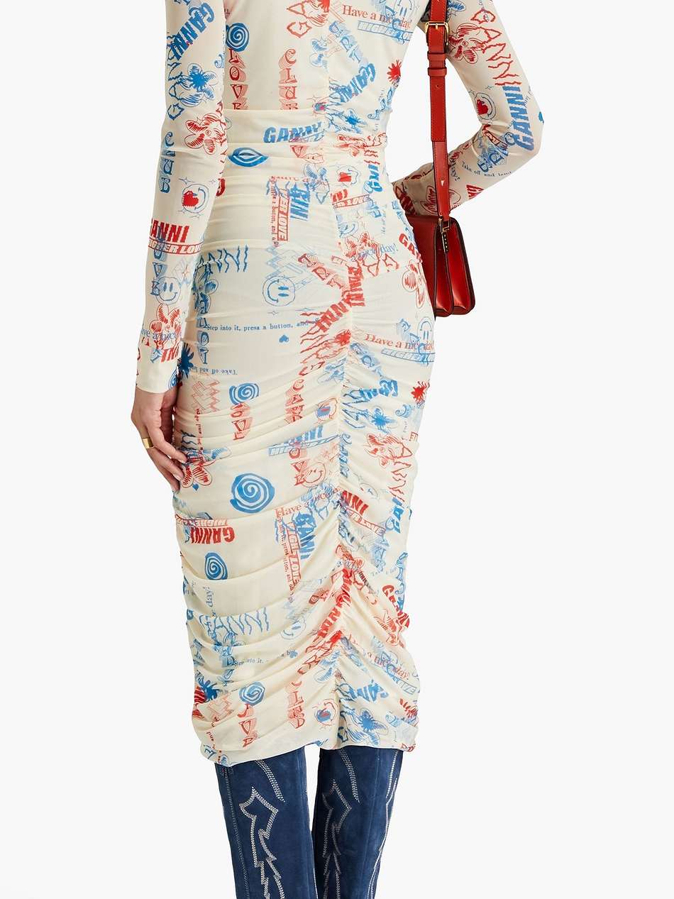 ruched printed stretch-mesh midi dress