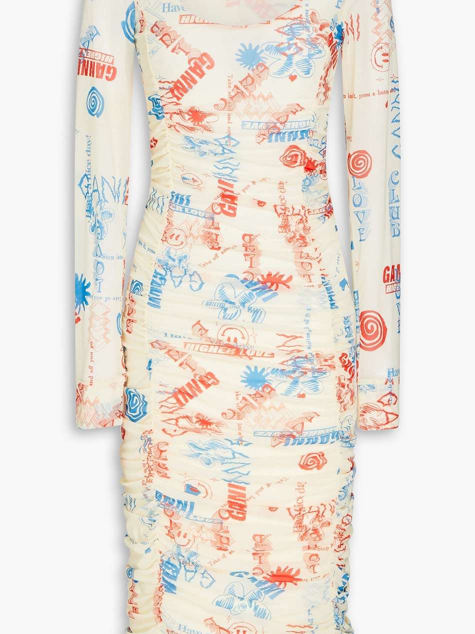 ruched printed stretch-mesh midi dress