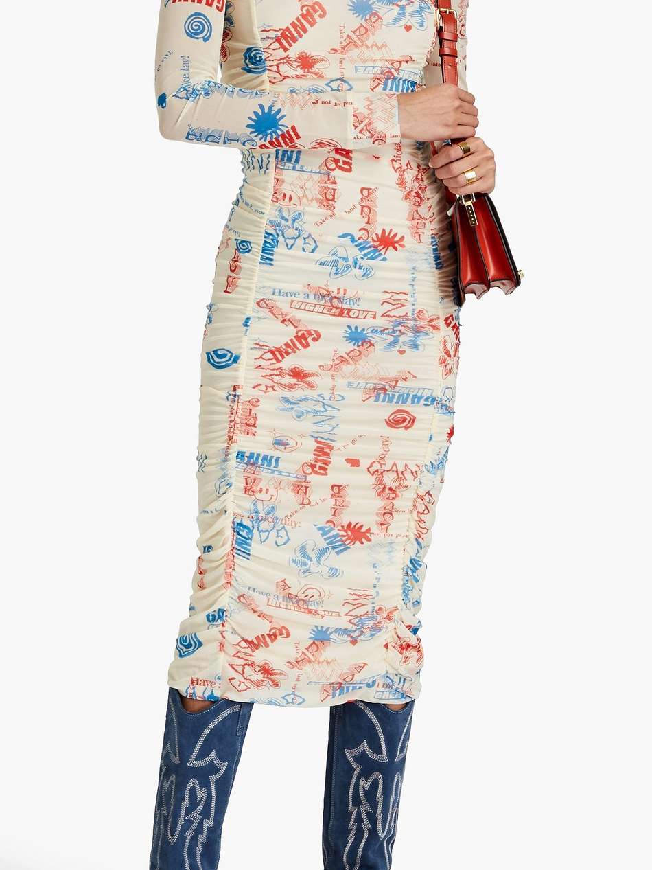 ruched printed stretch-mesh midi dress