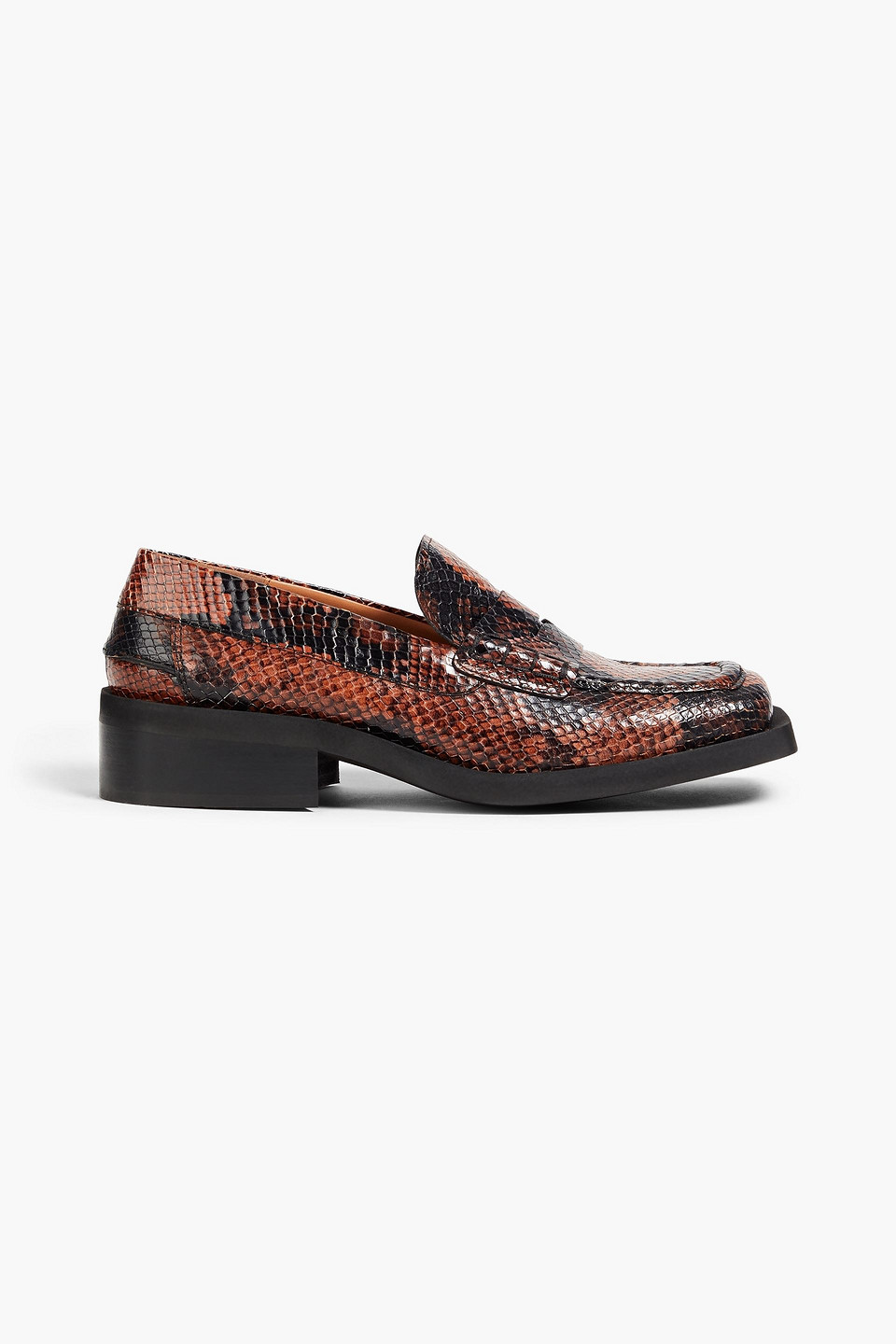 Ganni Snake-effect Leather Loafers In Brown