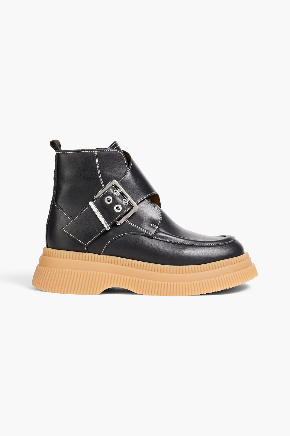 Ganni Buckled Leather Platform Ankle Boots In Black