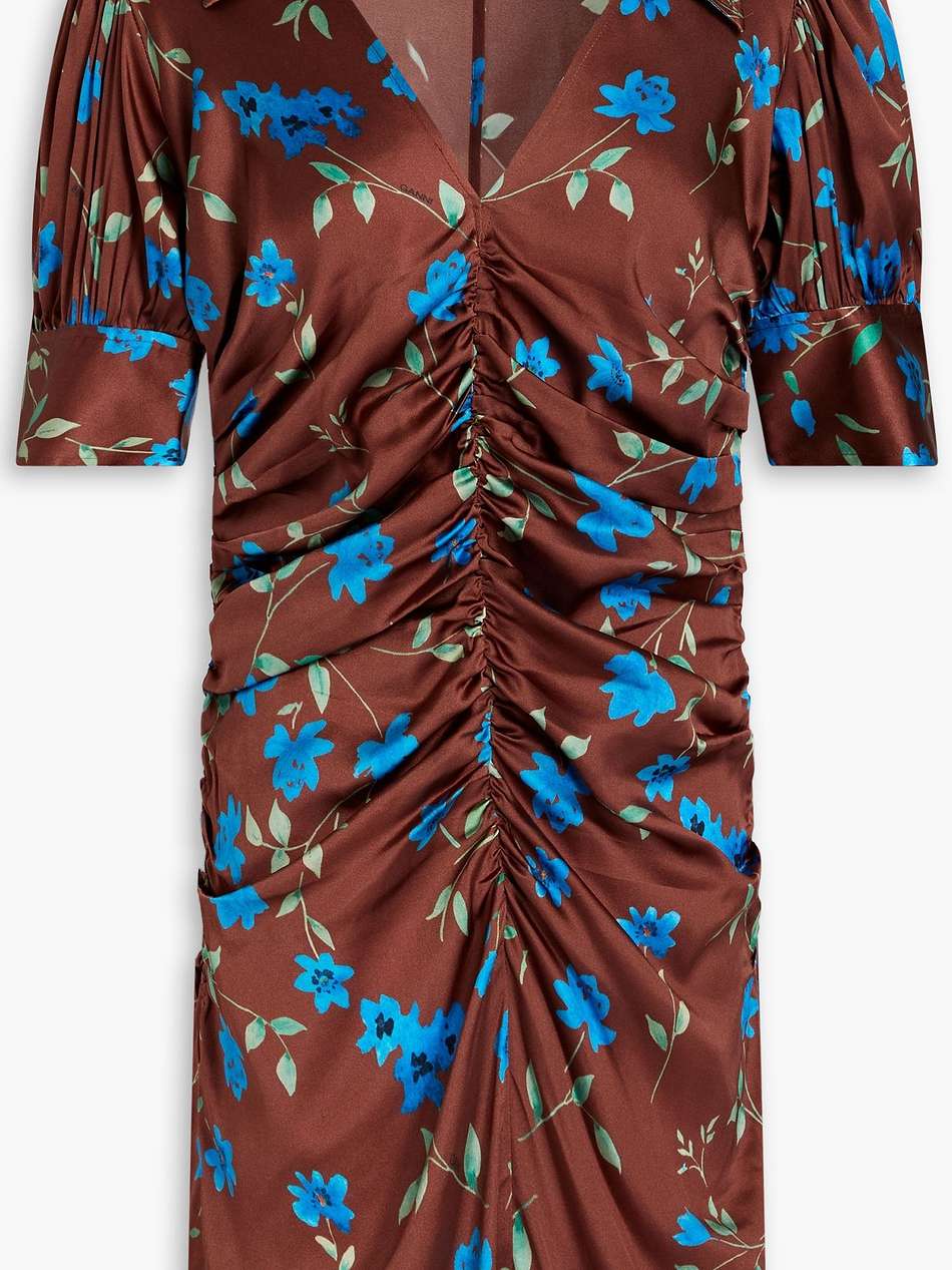 ruched floral-print stretch-silk satin mini dress