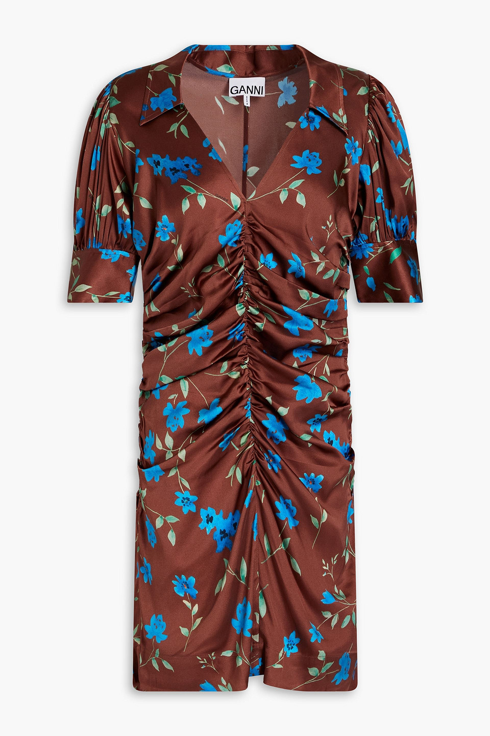 Ganni Ruched Floral-print Stretch-silk Satin Mini Dress In Brown